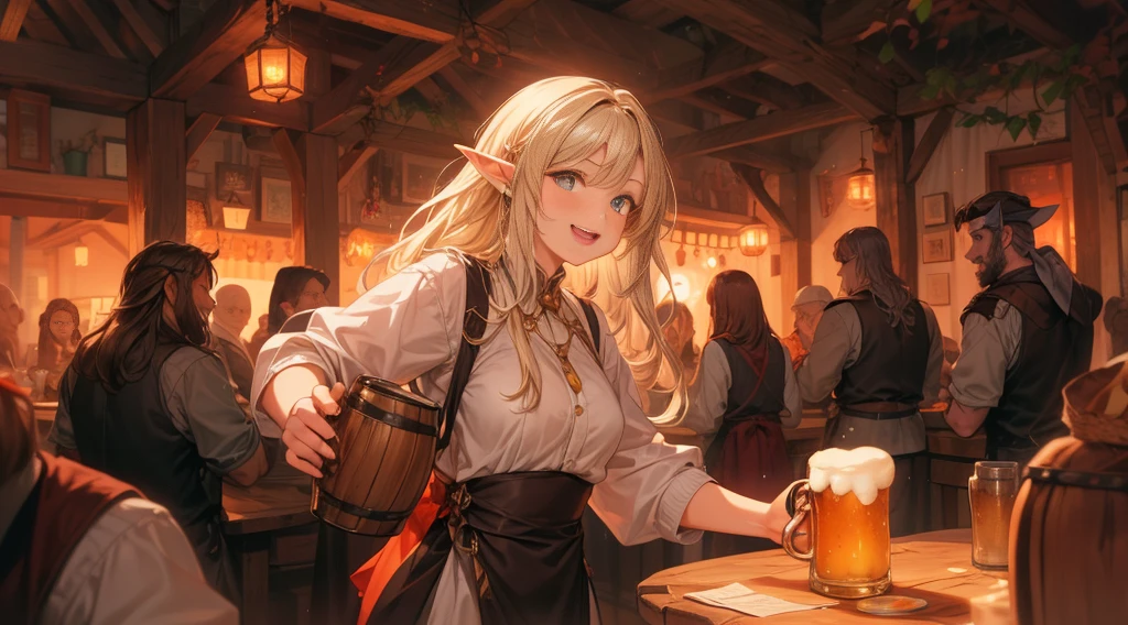 An illustrated scene set in a lively fantasy tavern at twilight. The focus is on a cheerful elf waitress, a young woman with long flowing hair and pointed ears, wearing a traditional tavern outfit. She is smiling warmly as she carries a large tray of mugs filled with beer, distributing them to a diverse group of patrons gathered around a round wooden table. The background shows a bustling tavern filled with various races, including humans, dwarves, and elves, all engaged in lively conversation. The setting is cozy, with a warm glow from lanterns and a large hearth, casting a soft, inviting light. The overall mood is vibrant yet warm, with a mix of soft browns, golds, and oranges to reflect the twilight hour.
