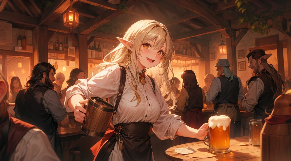 An illustrated scene set in a lively fantasy tavern at twilight. The focus is on a cheerful elf waitress, a young woman with long flowing hair and pointed ears, wearing a traditional tavern outfit. She is smiling warmly as she carries a large tray of mugs filled with beer, distributing them to a diverse group of patrons gathered around a round wooden table. The background shows a bustling tavern filled with various races, including humans, dwarves, and elves, all engaged in lively conversation. The setting is cozy, with a warm glow from lanterns and a large hearth, casting a soft, inviting light. The overall mood is vibrant yet warm, with a mix of soft browns, golds, and oranges to reflect the twilight hour.
