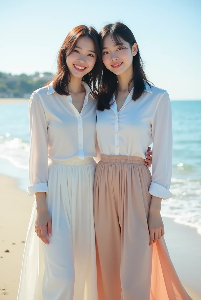 ((Highest quality)), ((masterpiece)), (detailed), Perfect Face,2 Japanese women,Teenager without makeup,Full body standing,Clean up to the toes,Huge breasts:1.3,Huge breasts:1.3,High bust top:1.3,Hard, Round Breasts:1.3,White shirt,Long skirt,((No Pat,Very good)),Bright smile,Soft sunlight on the beach,Thematic Depth,Clear focus,Natural and soft light