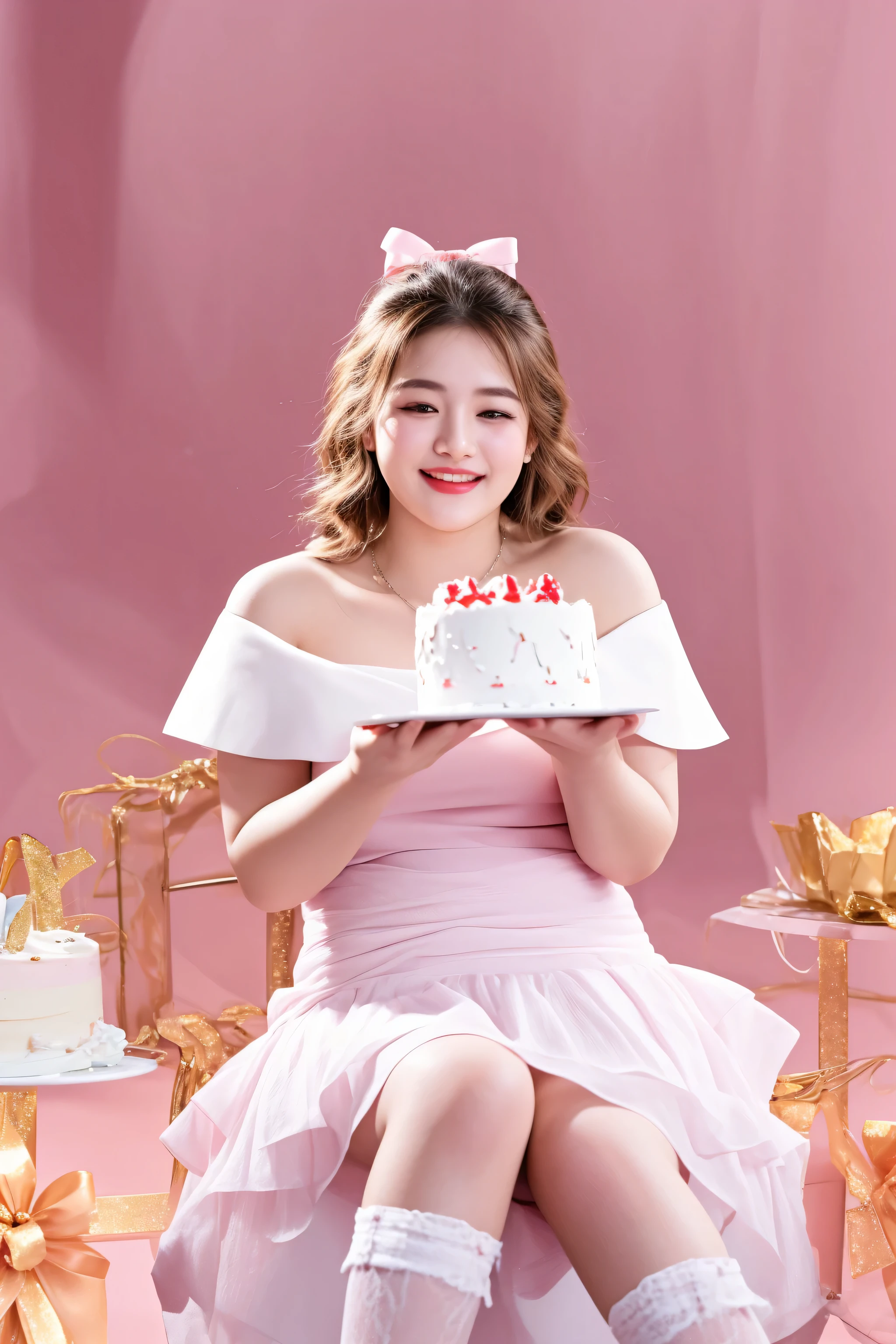 there is a woman sitting on a chair holding a cake, holding a birthday cake, eating cakes, cake in hand, holding gift, product shoot, shot on canon eos r 5, shot on canon eos r5, photoshoot for skincare brand, cake, shot with canon eoa 6 d mark ii, photo taken with nikon d750