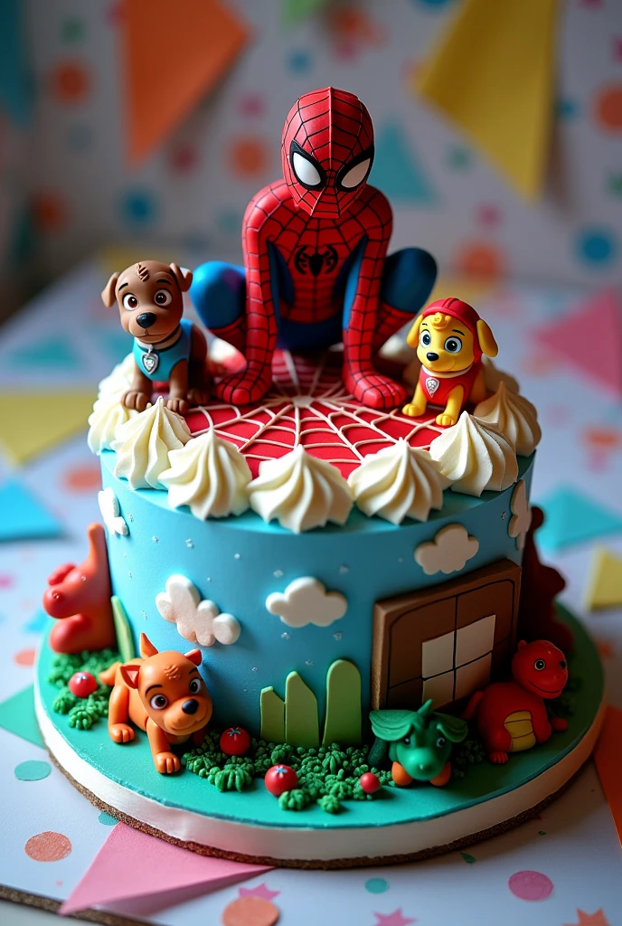 Spider-Man themed whipped cream birthday cake, with the paw patrol and dinosaurs on paper