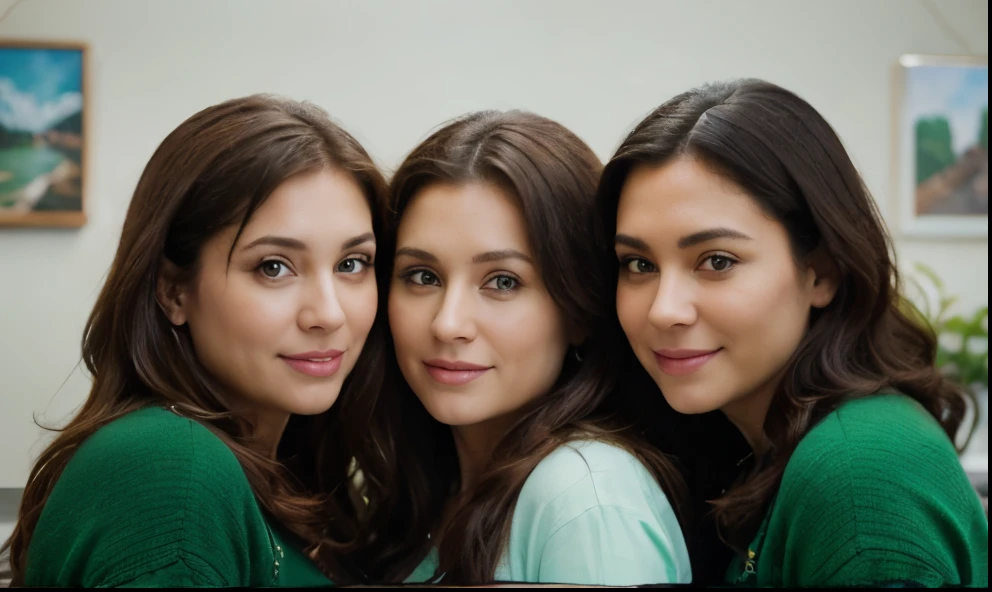 a group of 3 overweight women over 40 years old, wearing various green colored clothes, looking at the camera and smiling, white background, (best quality,4k,8k,highres,masterpiece:1.2),ultra-detailed,(realistic,photorealistic,photo-realistic:1.37),HDR,UHD,studio lighting,ultra-fine painting,sharp focus,physically-based rendering,extreme detail description,professional,vivid colors,bokeh,portraiture