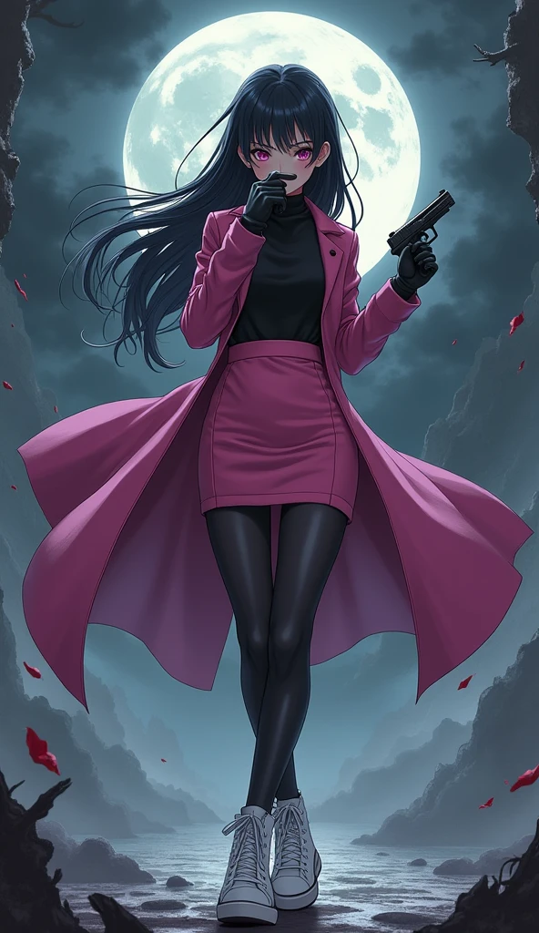 The one girl, long black hairs, yuri, Vampire Hunters.
The girl wear a pink long coat, black shirt, pink pencil skirt, black underpants, black tights, black gloves, white sneakers high top, holding a one pistol gun, pointing a gun.
black grey sky, fantastic night sky, moon, cartoon novel, 4K, HD