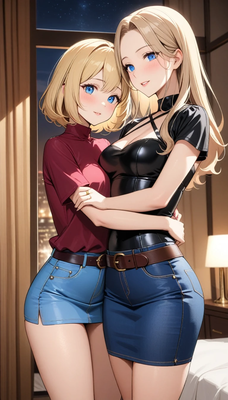 Two beautiful ladies ((lady 1: 35y old mom, with short straight blonde hair, lady 1 with blue eyes and caucasian skin, lady 1 wearing Tight Denim Skirt and Leather Belt, lady 1 Sexy Criss Cross Mock Neck Short Sleeves Burgundy Blouse)), ((lady 2: 13y old daughter, with short straight blonde hair, lady 2 with blue eyes and caucasian skin, lady 2 wearing Tight Denim Skirt and Leather Belt, lady 2 Sexy Criss Cross Mock Neck Short Sleeves Crimson Blouse)), luxurious jewelry, 18k gold wedding ring on left hand, standing in their bedroom at night, hugging and kissing each other, (light brown lipstick), (elegant mascara), (slim body), (small breasts), (wide hips), endjourney, <lora:GoodHands-, <lora:GoodLegs-, UHD, high resolution, (expressive eyes, perfect face, full body, expressive face, perfect body, perfect pussy, athletic, fit, slim body, blushing, Perfect makeup, eyeliner, beautiful eyelashes, smiling, horny face), ((best illumination, best shadows)), ((sexy pose)), ((Front pov:1.1))