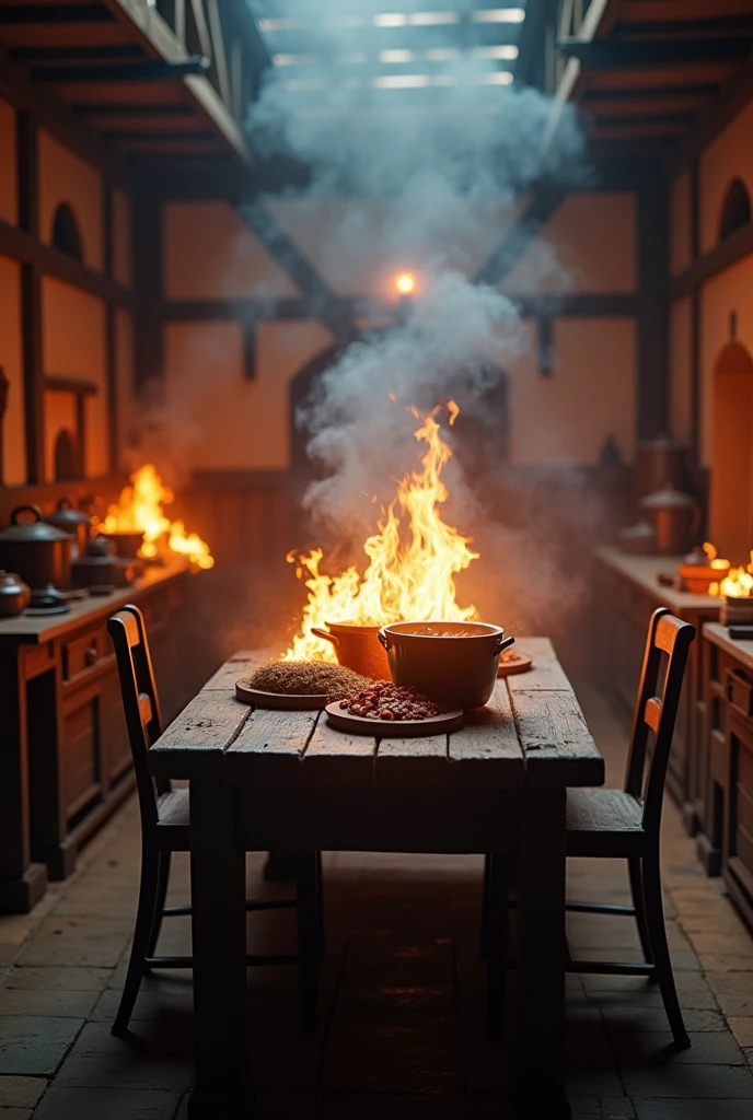 Medieval kitchen with pots catching fire, no people., focus only on the table, with the image a bit blurry , with the clearer image,This one with a chair