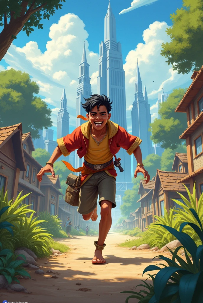 Ram running excitedly towards the city holding the gemstone tightly, with the village fading in the background and the city visible in the distance.