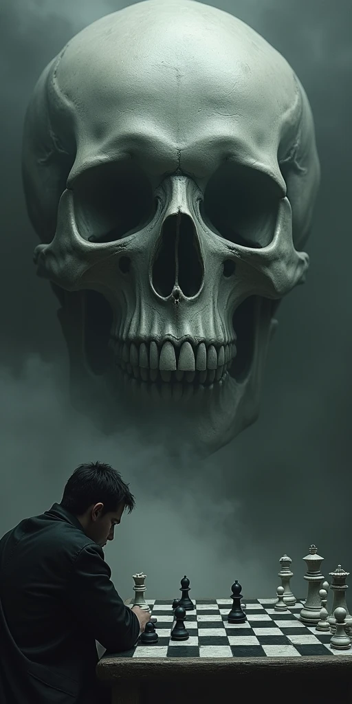 Chess board during a game with a person playng against himself in a mirror in the lower part.
A single big Black and White skull smiling in the upper part fading away in a smoke
