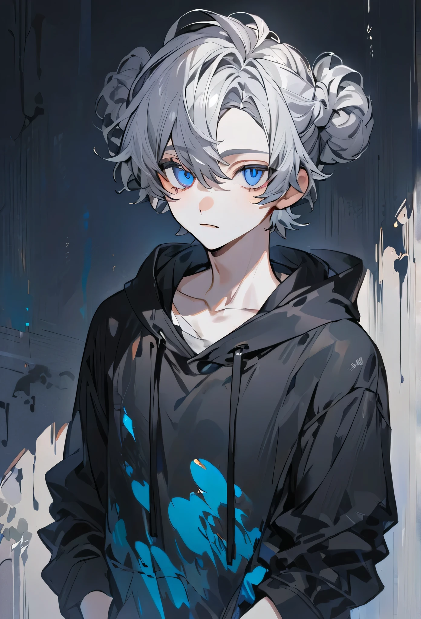 Man with shoulder-length white-gray hair in a mallow hairstyle, blue tired eyes, pale skin, wearing a black hoodie, oil paint