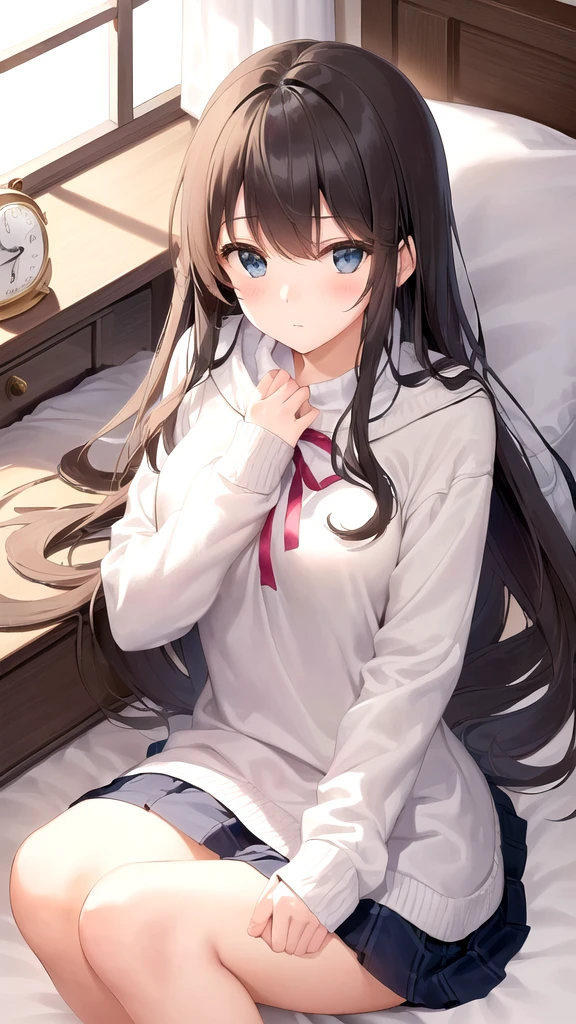 A high school girl is lying on a bed in a cozy, softly lit bedroom. She has medium-length, straight hair and is wearing a casual school uniform with a skirt and a loose sweater, adding a relaxed touch. The bed is neatly made, with a soft blanket and a couple of pillows. The girl is resting on her back, looking up at the ceiling with a calm expression, one hand gently resting on her chest. Her room is decorated with personal touches like a small bookshelf, a study desk with a lamp, and a few post