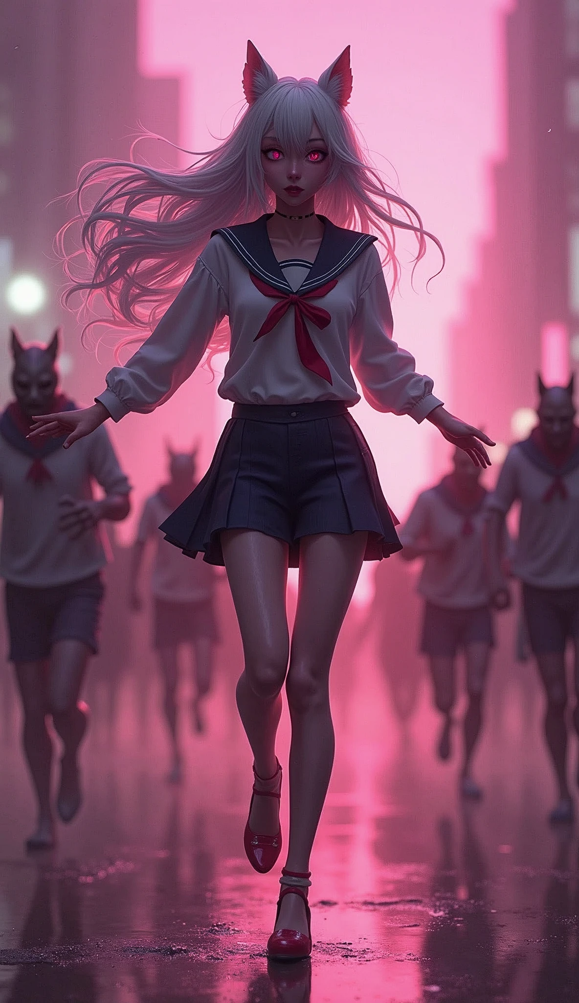 photorealistic,Realistic illustration in Modelshoot style,((masterpiece)),((The best quality)),((Ultra Quality)),((ultra detailed)),((1girl long white hair)),((Only)),((waifu:1.5)),Perfect anatomy,perfect hands,beautiful cuerpo,beautiful_method,ulzzang-6500-v1,e-chica,((Exceptionally Beauty Waifu Princess Tifa Lockhart running terrified in a devastated city being chased by a group of horrible and scary zombies)),(((zombis,A crowd of horrible and terrifying zombies watching and running after her piled up with each other to catch up with her...))),in a  cosplay,wet clothes,Woman body set big breasts, ((Beauty Sexy Body, Sexy Hips)), ((Wolf Ears)), ((Sexy School Girl Uniform, Sailor Miniskirt, Pantyhose, High Heels)),((bright-pink_eyes)),long wavy hair, ((white hair)),hair clips,eyeliner,cute makeup,lipstick,Glossy lipstick,with a look of terror, worry and sadness,((eyes detallados perfectos)),rainy with fog outside,evening,pink theme,bioluminiscencia,light particles,((Extremely CG Unity 8K Wallpaper)),((cinematic lighting,Best quality lights)),intricate details,Suave,sharp focus,Extremely beautiful and aesthetic,Octane rendering,Full length portrait,damp skin,((Perfect detailed body)),