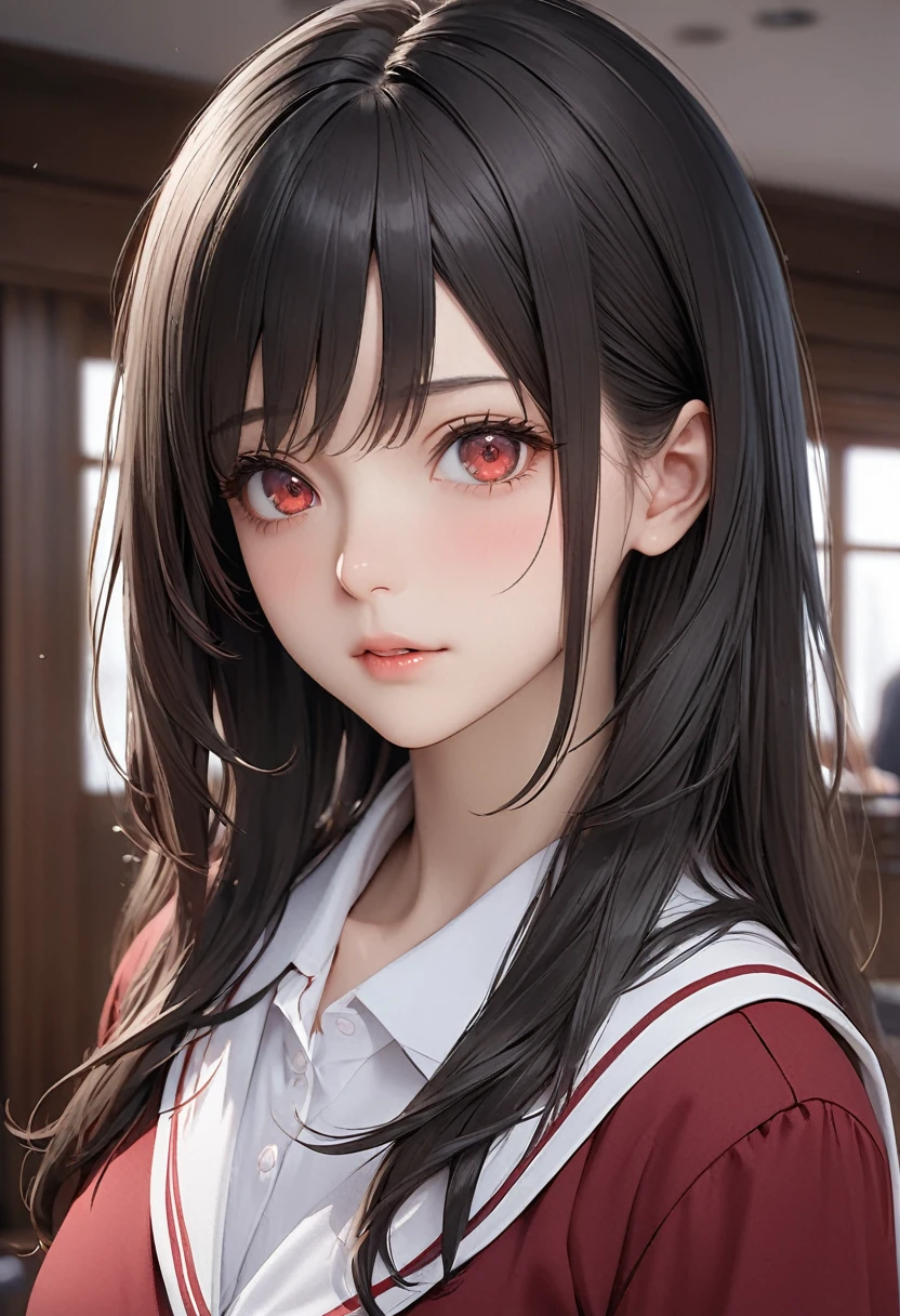 Woman in a red school uniform,Black hair, Red eyes, Masterpiece Chapter, Best quality, (Highly detailed CG:1.4), Highly detailed faces