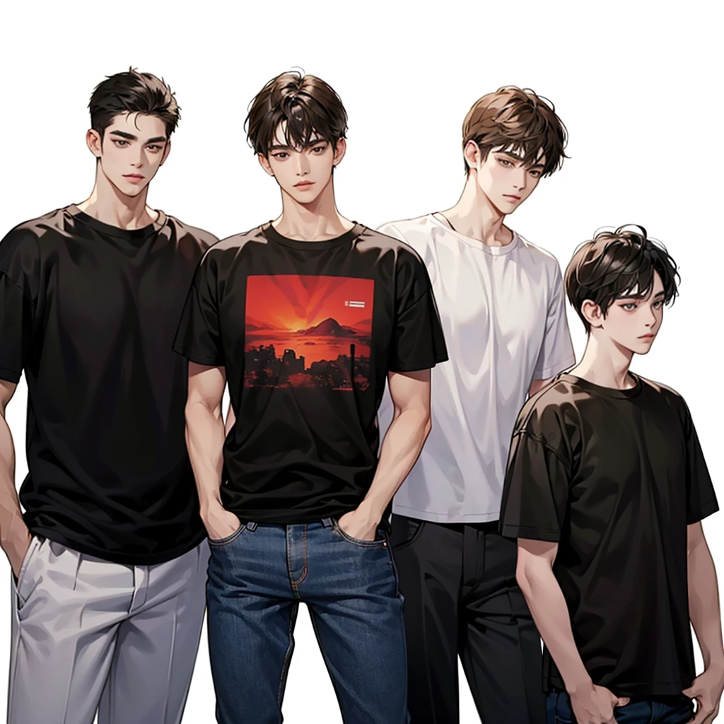 Four boys, black hair, brown eyes, simple background, high resolution, brown hair, stand in a line.., Wear a t-shirt, shut your mouth, handsome, cool,มองตรง,พื้นหลังสีน้ำตาล
