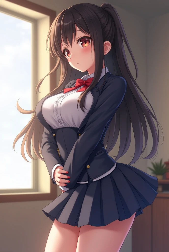 (masterpiece、best image quality、High Quality Score:1.3)、(clear image quality)、perfect beauty: 1.5、brown hair、(japanese school uniform)、sailor suit、(Fluttering skirt)、Red hair ornament、beautiful girl、cute、best smile、(no background)、(pure white background)、(physical education sitting)、Fancy panties、perfect proportions,one woman、、dark blue pleated skirt、You can see a little white underwear
