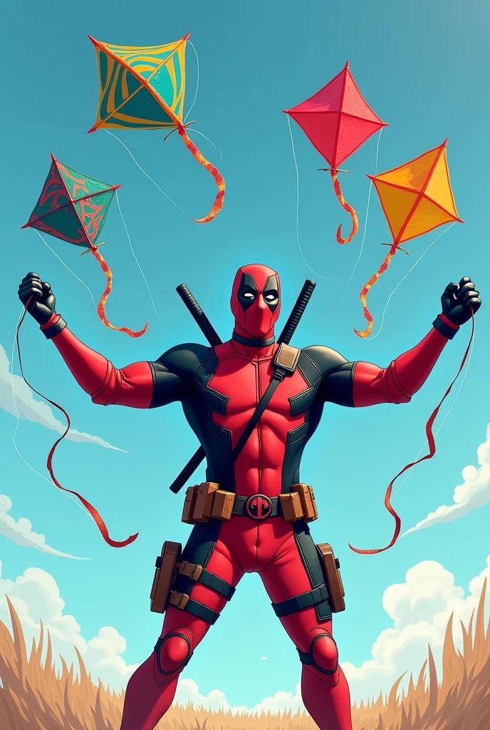 Deadpool with 4 kites in his hand 
