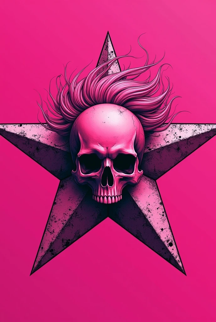 A flag with a pink star featuring a pink skull with pink fringe hair