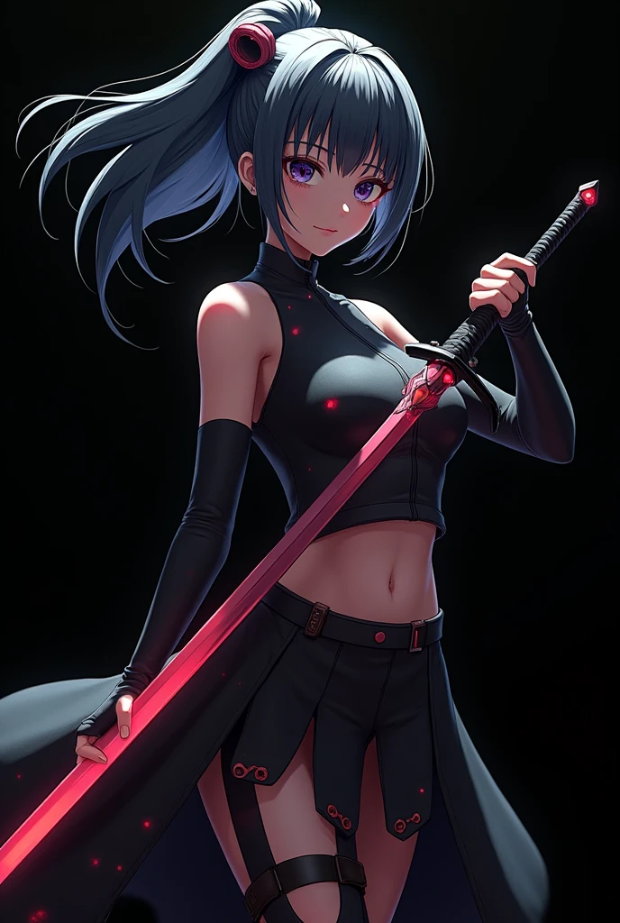 anime girl with a sword in her hand and a black background, cyberpunk art by Shingei, pixiv, conceptual art, 2b, 2 b, 2b nier automata, 2b from nier automata, 2 b from nier automata, pixiv 3dcg, cutesexyrobutts, nier inspired, dominant pose,  anatomically correct, super detail, high details, highres, 4K