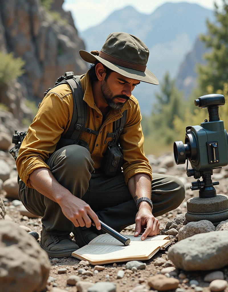 An image of a geologist working in the field, analyzing rocks, or using specialized equipment.