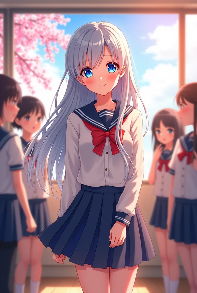 masterpiece, high resolution 8K, professional illustration, 1 girl, late teenage, long flowing silver hair with silky texture, bright blue eyes with gentle gaze, slender figure, school uniform with red ribbon and pleated skirt, confident and friendly expression, warm inviting smile, standing pose with one hand reaching out, surrounded by admiring classmates, classroom background with sunlight streaming through windows, cherry blossoms visible outside, soft natural lighting, vibrant spring colors, anime style with realistic details, ¾ view angle, upper body focus, detailed shading and highlights