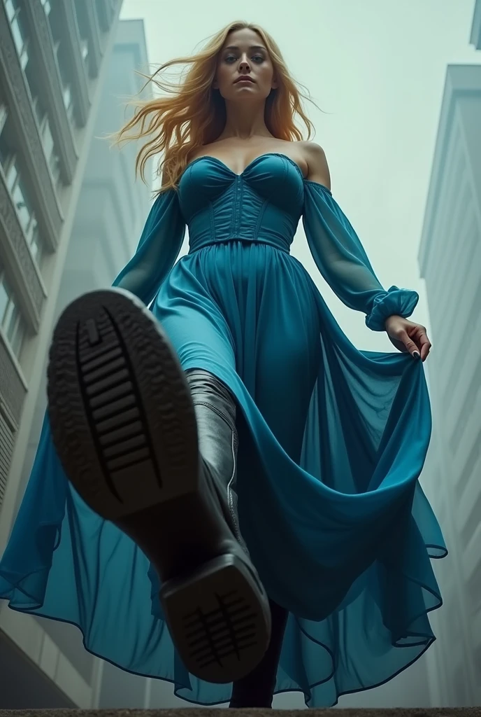 a pretty woman, 42 years old, blonde hair, blue dress, black rubber riding boots, giantess, POV shot, lifts her right foot, Boot sole, FULL BODY shot