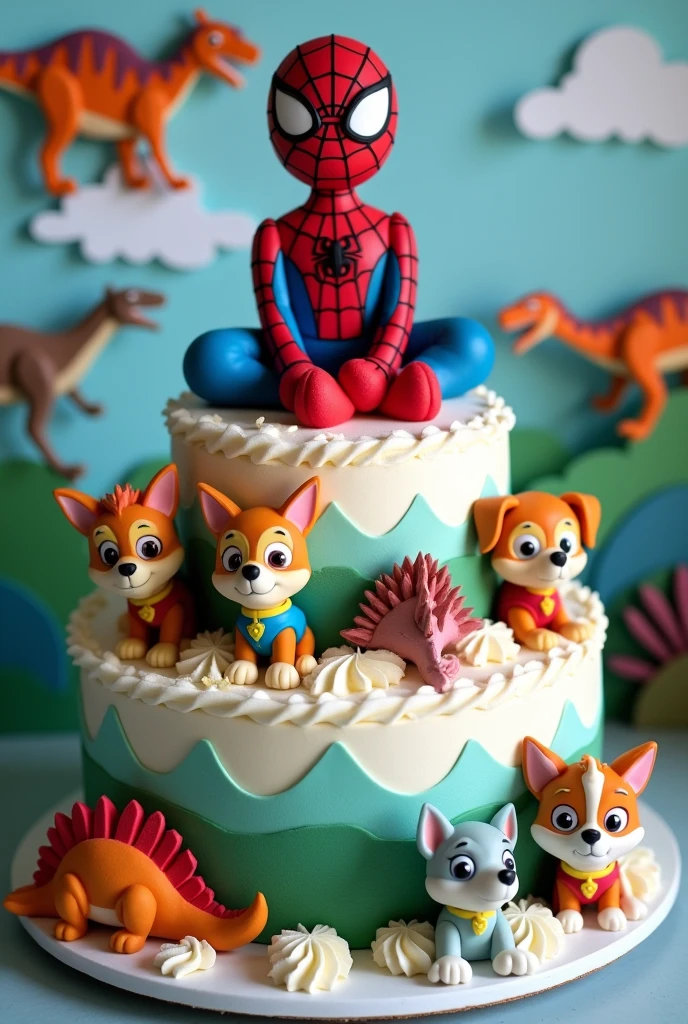 Spider-Man themed whipped cream birthday cake, with the paw patrol and dinosaurs on paper