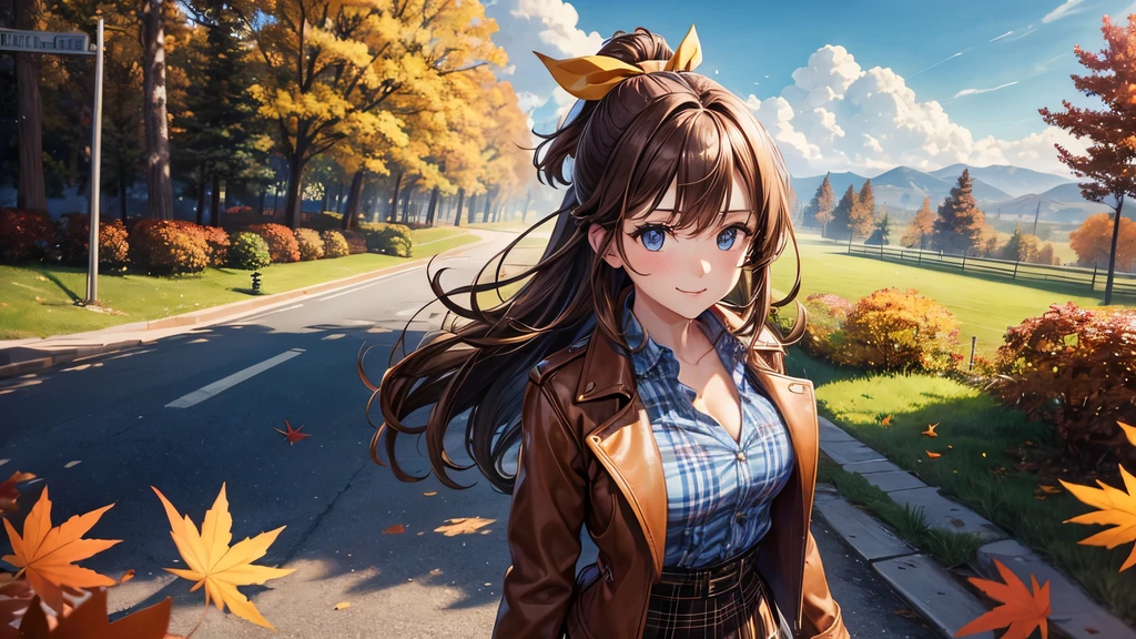1girl, solo, trees, sun, clouds, autumn, colorful trees, falling leaves, ((brown hair)), ponytail, large full breasts, ((brown leather jacket)), button down shirt, ((blue checked shirt)), ((unbuttoned shirt)), unbuttoning buttons, cleavage 1:3, blue eyes, long skirt, brown boots, smile, happy, looking at the viewer, walking, upper view, hair ribbon, golden necklate