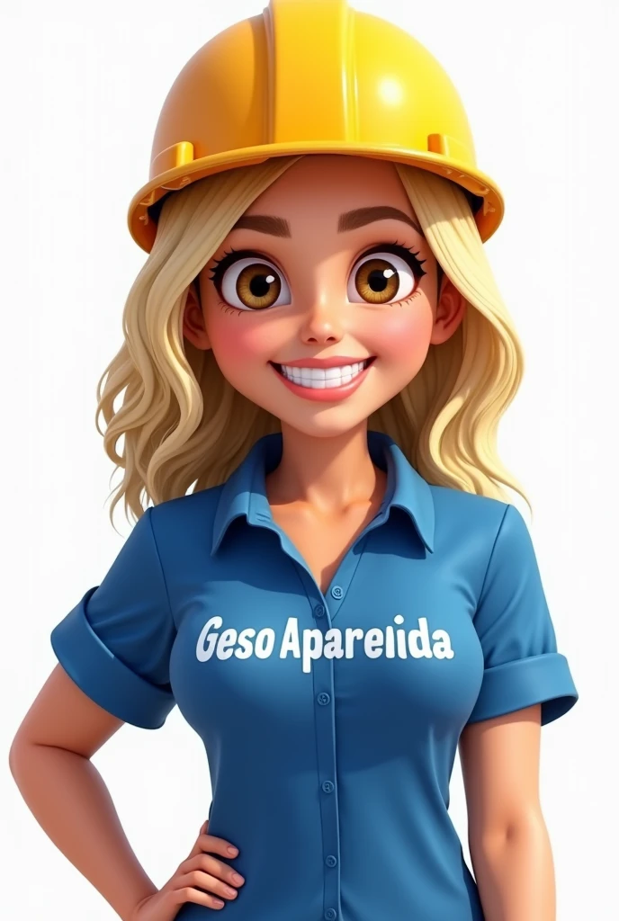 A mascot that is a blonde woman with shoulder-length hair, eyes browns, blue blouse with the saying Gesso Aparecida in white and with a construction hat on the head. chestless