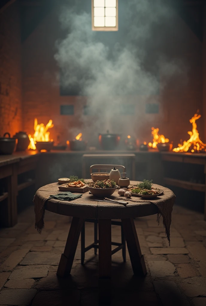 Medieval kitchen with pots catching fire, no people., focus only on the table, with the image a bit blurry , with the clearer image,table with a chair , with a blurry image style