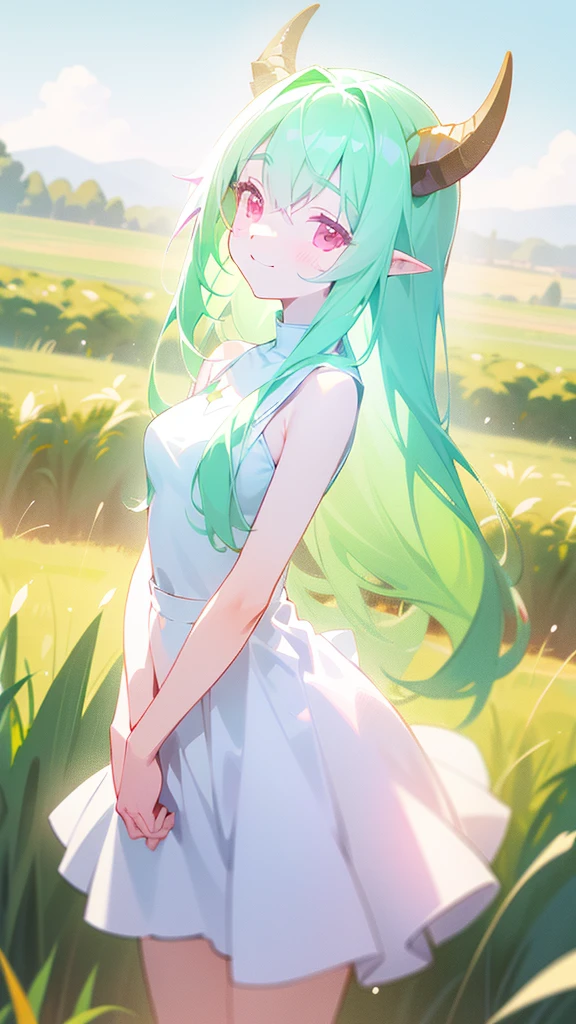 Kizi,((body small)),Little white dress. hair green,long hair,eyes locked,,standing alone,cute,happy face,ssmile,blush,cowboy shot,(standing in a field of grass,lighting sun),(shinny body) breasts small. White horns and white tail. Pink eyes. Big horns