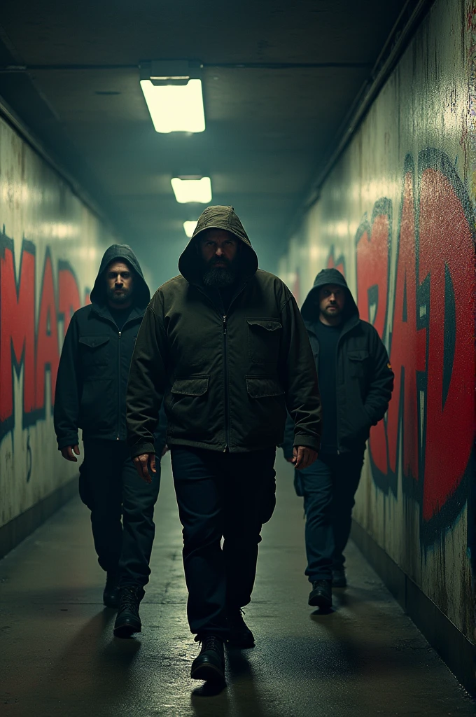 Underground metro with graffiti and 3 men walking whose faces are not visible, the 3 men are white with beards but wear hoods, on the walls it says MAD RED in Graffiti, one of the men is fat, He weighs 160 kilograms, the other two are thin