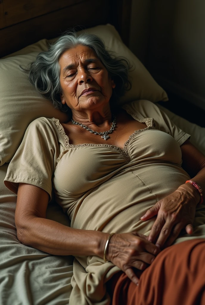 (photorealism:1.2), Old indian woman, wearing indian kurti, blouse open,shows large breasts, sleeping on bed.