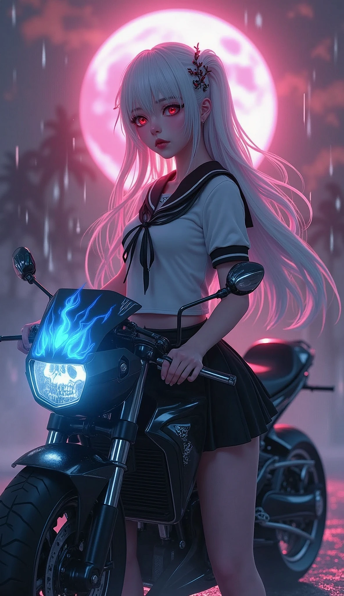 photorealistic,Realistic illustration in Modelshoot style,((masterpiece)),((The best quality)),((Ultra Quality)),((ultra detailed)),((1girl long white hair)),((Only)),((waifu:1.5)),Perfect anatomy,perfect hands,beautiful cuerpo,beautiful_method,ulzzang-6500-v1,e-chica,Exceptionally Beauty 17-year-old Waifu  posando na frente de uma motocicleta futurista, the motorcycle has skulls and blue flames highly detailed 3D graphics, night scenery with full moon in the background, she is wearing a  Uniform with 3D skulls and flames and Sailor Miniskirt, Pantyhose , HDR, epic realism, high-octane rendering, obra de arte,,((bright-pink_eyes)),long wavy hair,hair clips,eyeliner,cute makeup,lipstick,Glossy lipstick,with a look of terror, worry and sadness,((eyes detallados perfectos)),rainy with fog outside,evening,pink theme,bioluminiscencia,light particles,((Extremely CG Unity 8K Wallpaper)),((cinematic lighting,Best quality lights)),intricate details,Suave,sharp focus,Extremely beautiful and aesthetic,Octane rendering,Full length portrait,damp skin,((Perfect detailed body)),