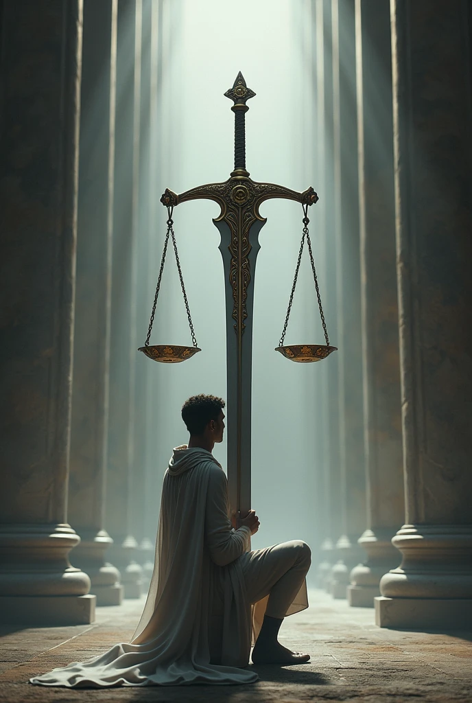 sword with the scales of justice "Kneeling before God standing before the world"