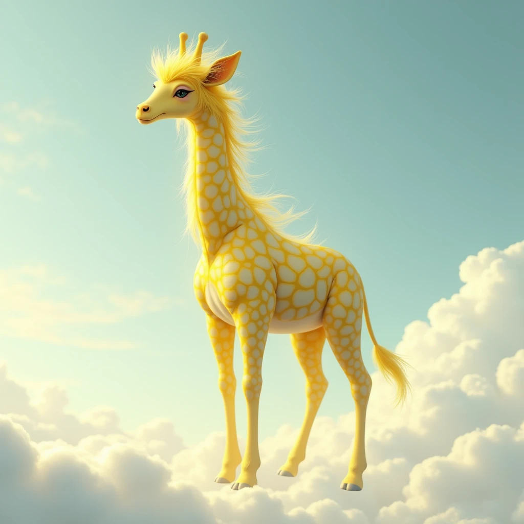 Short-necked giraffe、Has scales on its body、Has a mane、Floating in the sky、The body is yellow.