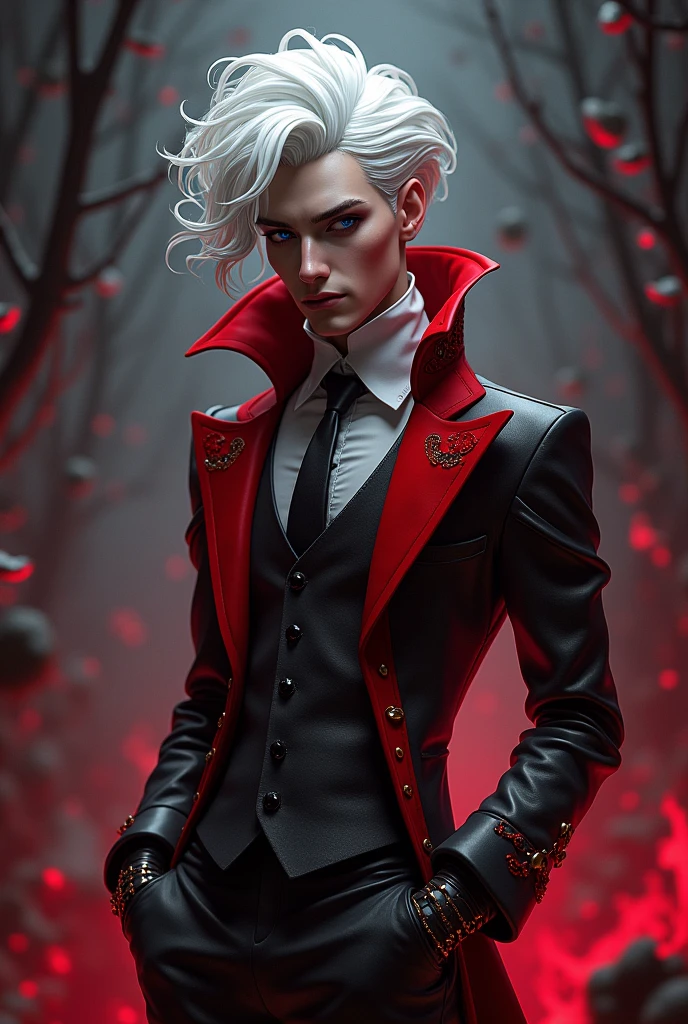 ((Hazbin hotel style image)) In Hazbin Hotel, Amadeus has a striking appearance with a crimson and grey outfit, reminiscent of a pianist, complete with leather gloves. Their hair is wavh and white.((Hazbin Hotel Style image))