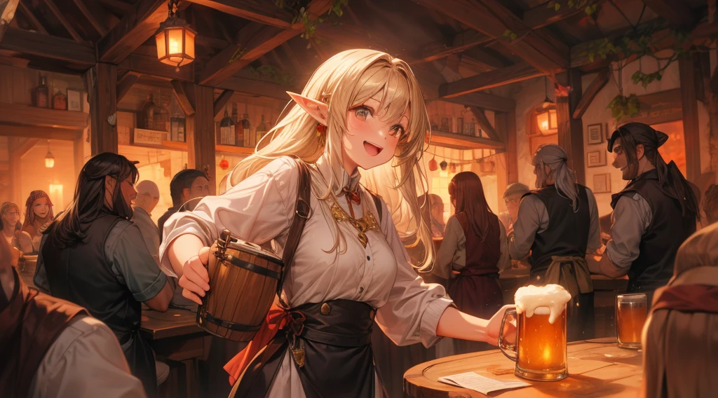 An illustrated scene set in a lively fantasy tavern at twilight. The focus is on a cheerful elf waitress, a young woman with long flowing hair and pointed ears, wearing a traditional tavern outfit. She is smiling warmly as she carries a large tray of mugs filled with beer, distributing them to a diverse group of patrons gathered around a round wooden table. The background shows a bustling tavern filled with various races, including humans, dwarves, and elves, all engaged in lively conversation. The setting is cozy, with a warm glow from lanterns and a large hearth, casting a soft, inviting light. The overall mood is vibrant yet warm, with a mix of soft browns, golds, and oranges to reflect the twilight hour.