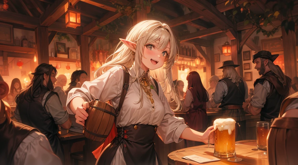 An illustrated scene set in a lively fantasy tavern at twilight. The focus is on a cheerful elf waitress, a young woman with long flowing hair and pointed ears, wearing a traditional tavern outfit. She is smiling warmly as she carries a large tray of mugs filled with beer, distributing them to a diverse group of patrons gathered around a round wooden table. The background shows a bustling tavern filled with various races, including humans, dwarves, and elves, all engaged in lively conversation. The setting is cozy, with a warm glow from lanterns and a large hearth, casting a soft, inviting light. The overall mood is vibrant yet warm, with a mix of soft browns, golds, and oranges to reflect the twilight hour.