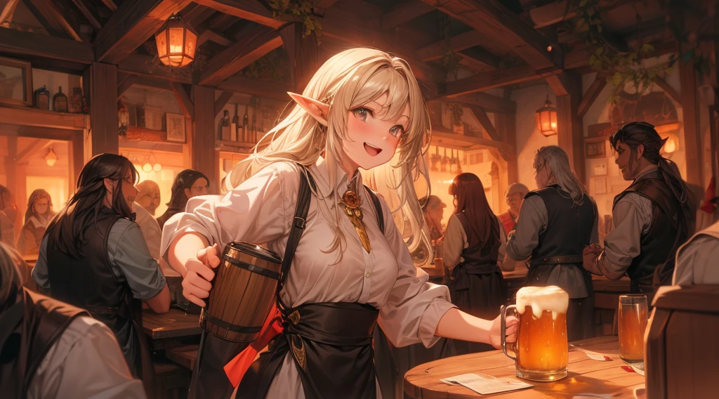 An illustrated scene set in a lively fantasy tavern at twilight. The focus is on a cheerful elf waitress, a young woman with long flowing hair and pointed ears, wearing a traditional tavern outfit. She is smiling warmly as she carries a large tray of mugs filled with beer, distributing them to a diverse group of patrons gathered around a round wooden table. The background shows a bustling tavern filled with various races, including humans, dwarves, and elves, all engaged in lively conversation. The setting is cozy, with a warm glow from lanterns and a large hearth, casting a soft, inviting light. The overall mood is vibrant yet warm, with a mix of soft browns, golds, and oranges to reflect the twilight hour.