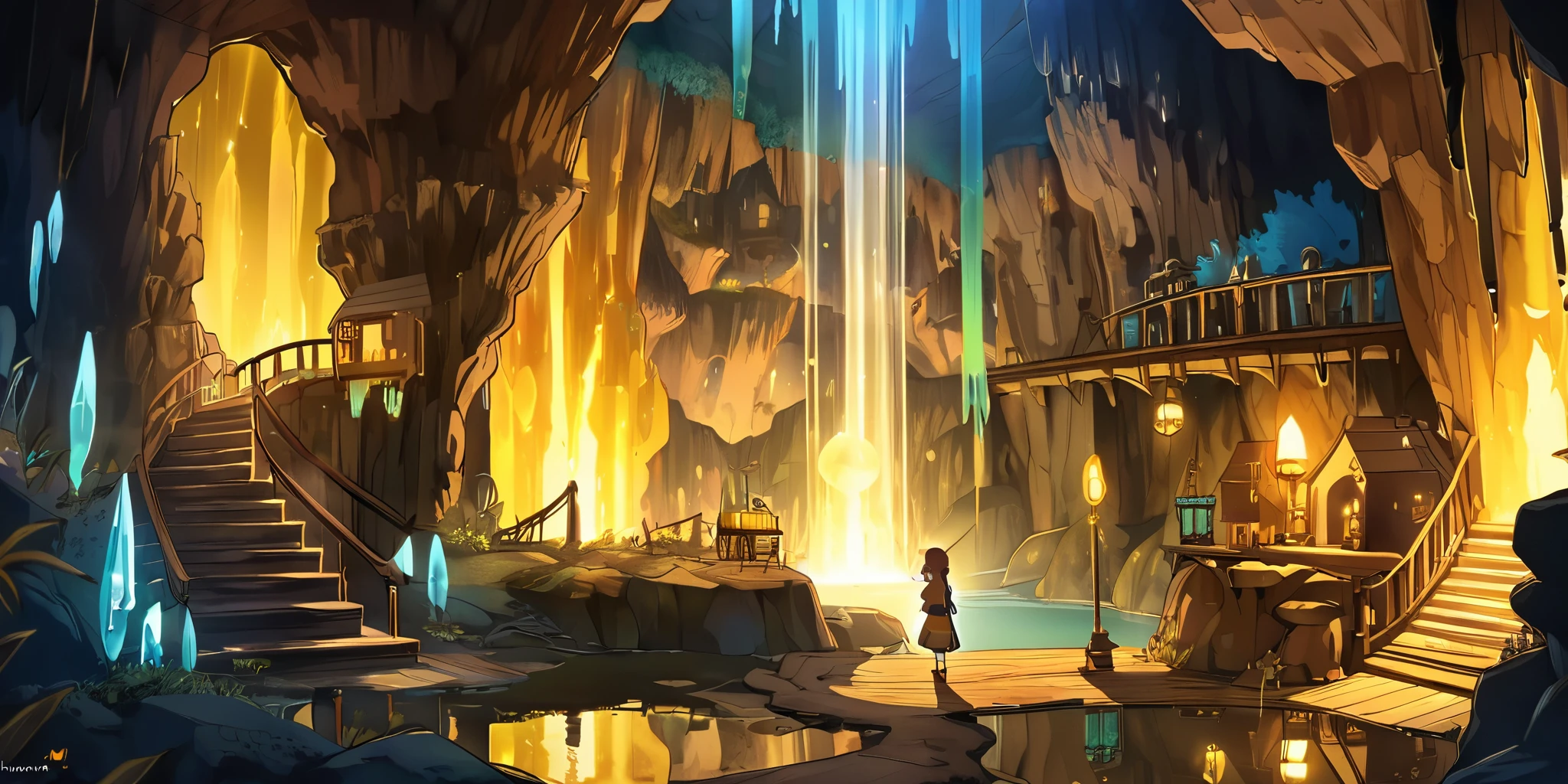 Draw a lofi anime poster, village, Steam punk, grotte, décoration de fée, cascade lumière, stalactite, stalagmite, belle palette de couleurs marron jaune, couleurs saturées vibrantes, œuvre d'art, Aucun humain, thème anime