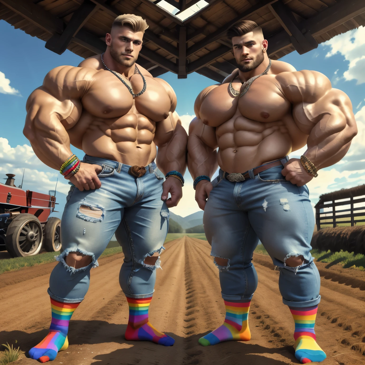 full view full body, 2 different white european over-muscular young handsome gay cowboys, with undercut fresh haircuts, wearing both old tattered jeans and rainbow socks, No Shoes, and gay styled rings, bracelets, chains and necklaces, embracing front very old farm in middlewest, they both show their nice rainbow socks