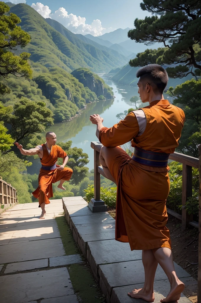two wushu monks, barefoot, training with glamorous wuxia pose, with a chinese palace and forest in the background