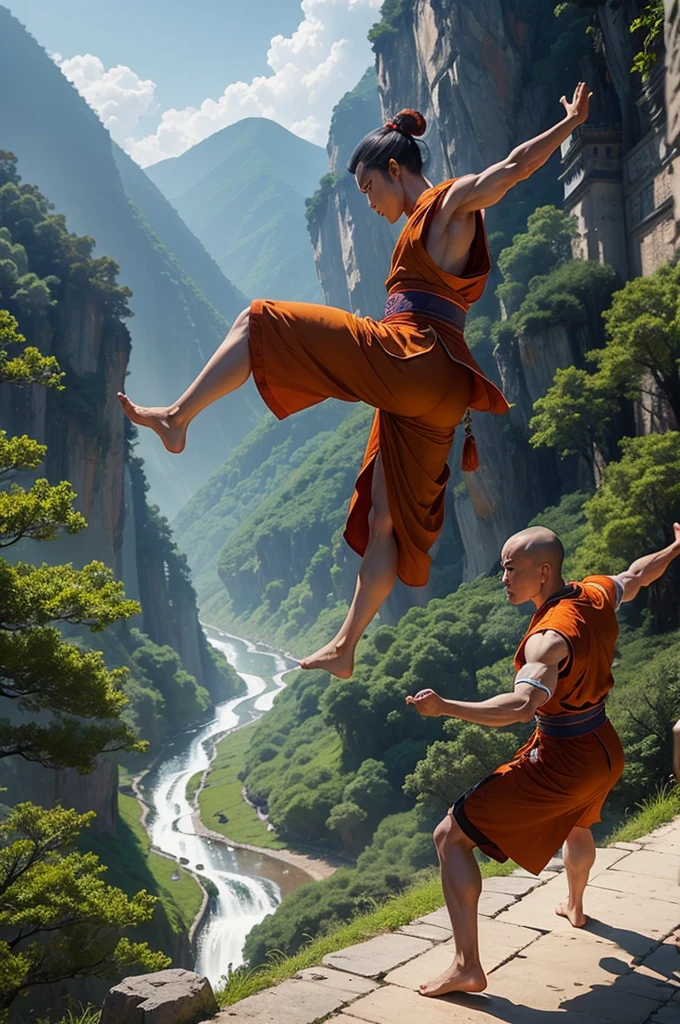 two wushu monks, barefoot, training with glamorous wuxia pose, with a chinese palace and forest in the background