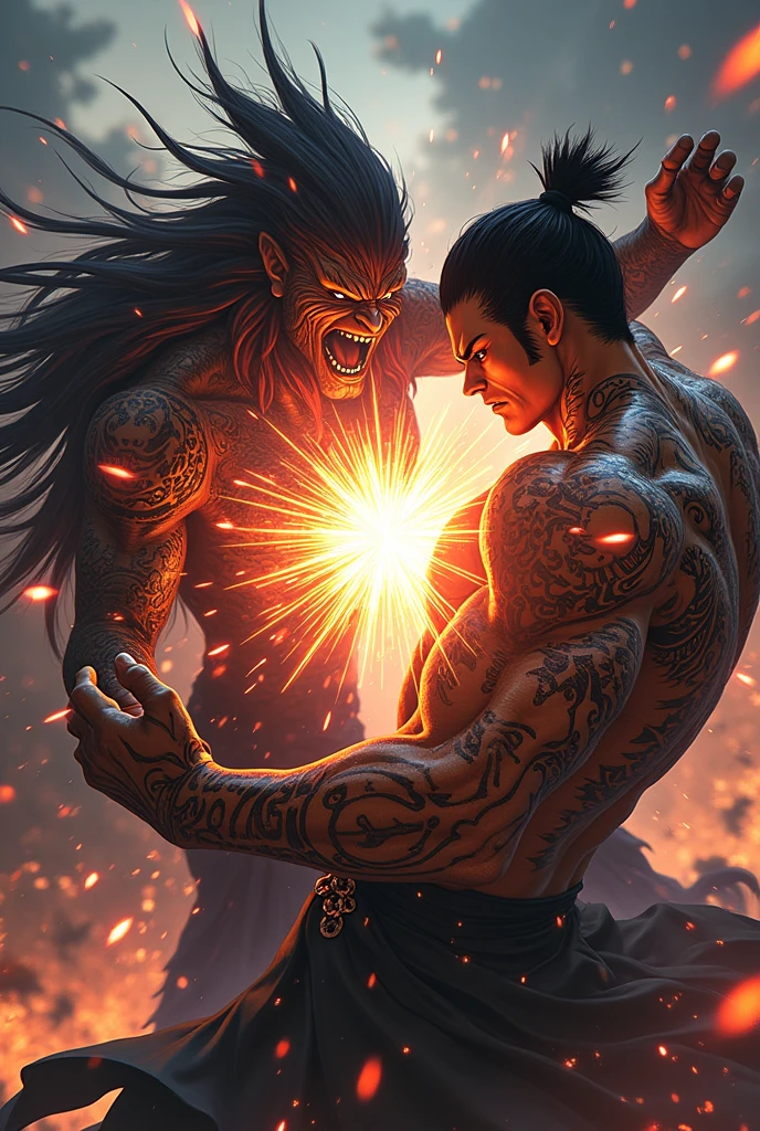 
Imagine Yuji Itadori, with his determined and powerful expression, throwing a direct blow to Riomen Sukuna&#39;s chest. Itadori focused on his attack, While Sukuna, with his body covered in dark tattoos, is caught off guard by the blow. The scene is full of energy, with shockwaves and flashes of power around the impact, and full of tension.