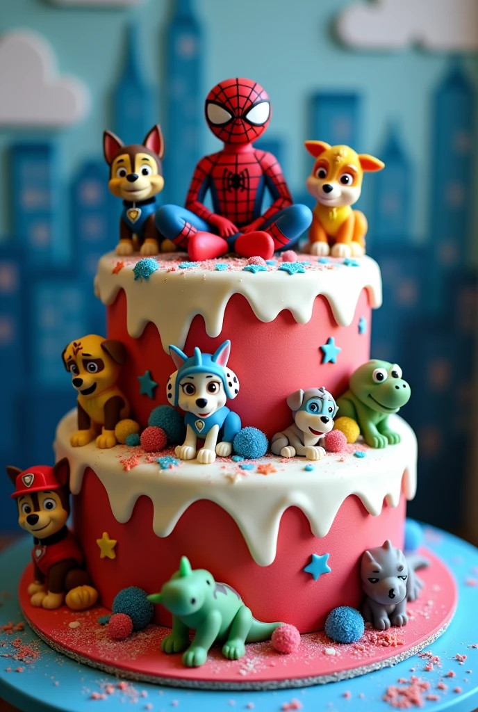 Spider-Man themed whipped cream birthday cake, with the paw patrol and dinosaurs on paper