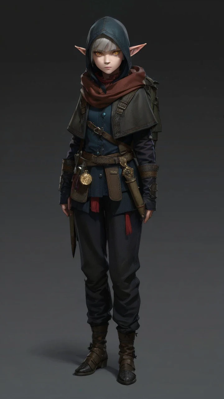 dark fantasy character, half-elf, , medium height, thin and slightly muscular, short hair and short straight bangs, slightly pointed ears, medieval clothes, simple armor, , casual travel clothes, survival equipment, warrior, barbarian, assassin, loose trousers, shirt, a backpack with things, a raincoat, a vest, light gray hair, her height is 1.5 meters, a pair of outfits, the user of two small daggers , black and dull blue clothes, red accents and modest accessories, a full-length image, slightly old shabby clothes, an eerie menacing expression, yellow eyes, character reference, realistic, 3d style,