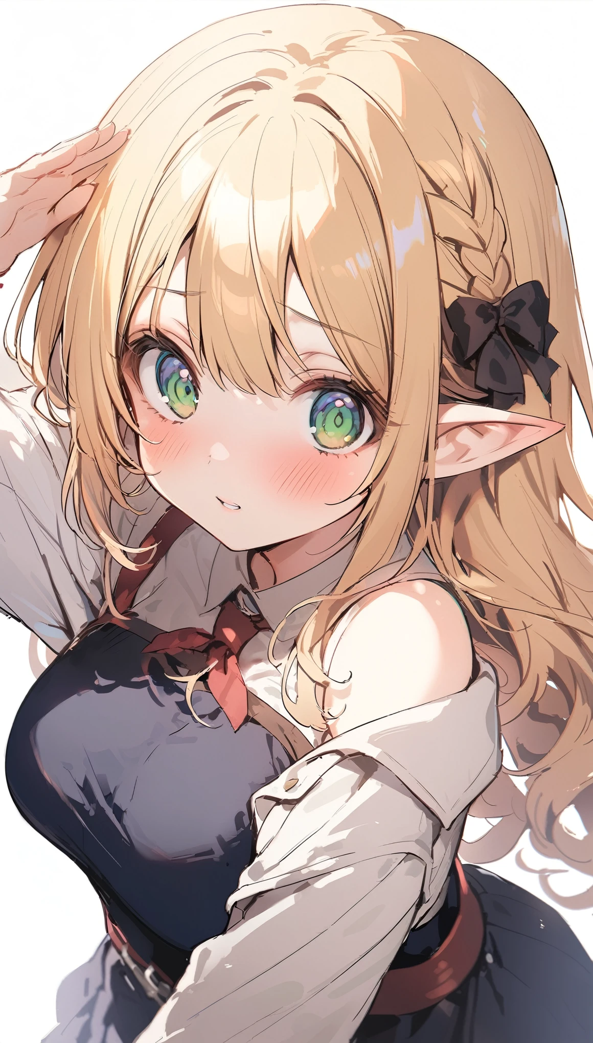 1 girl, princess connect(alisa),elf,elf_ear , (increasing the weight makes things worse),Raise the hand, Are standing, bangs, just_shoulder , blonde, green eyes, blush,long hair,uniform, white background