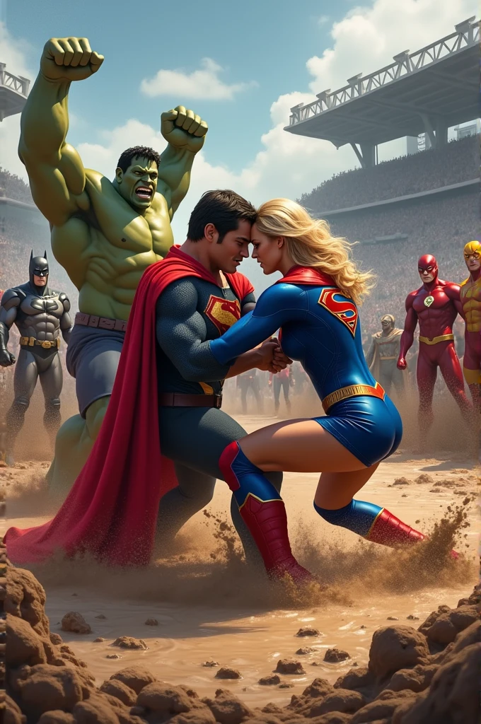 Super-girl et Captain Marvel font un combat de catch dans la boue. Hulk, Thor, Batman et Flash les encouragent