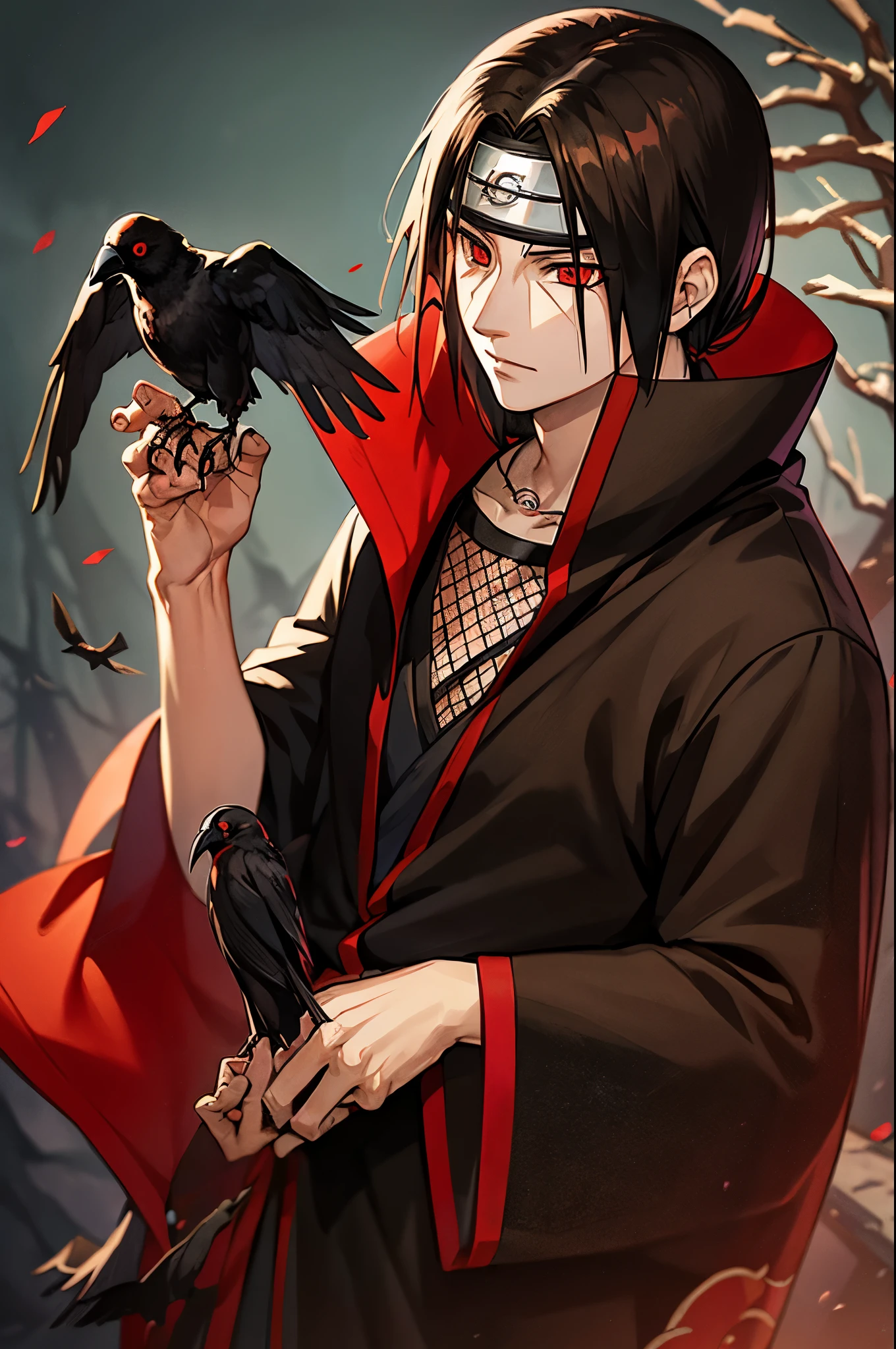 Itachi Uchiha with his crow familiar perched on his shoulder, Sharingan eyes focused, forest background, hd anime art.