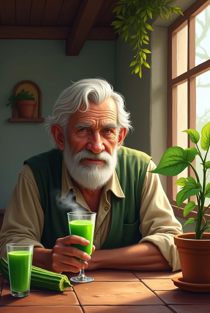 Old man drinking okra juice