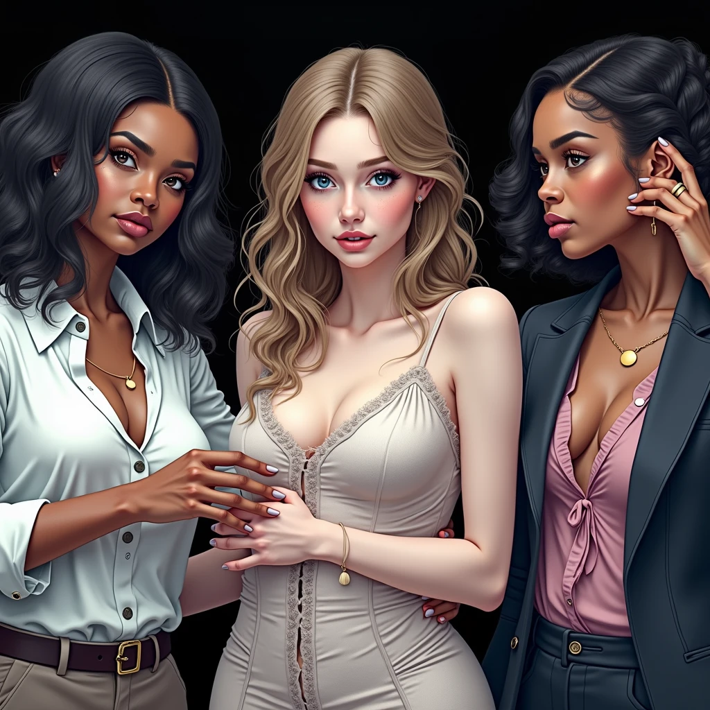 three women sitting under a big wedding table, realistic artstyle, the Black skinned girls knowingly look at each about the sexual adventure they will take their new friend laying on the floor, there are two sets of legs per woman and child seated at the table, the white skinned dirty-blond girl is religious but aroused, the girls off center are big boned black skinned African girls with medium afro hairstyles, they are holding her and kissing white skinned girl, casual pose, the flanking girls want to kiss the white skinned girl, realistic style, official fanart, realism artstyle, hyperrealistic , high quality fanart, background artwork, calmly conversing 8k, realistic art style, relaxed poses, 3 young and beautiful girls, detailed realistic expressions, realistic picture a black skinned girl is kissing white skinned girl's neck, wet and parted lips, align torso with the legs, topless white skinned woman