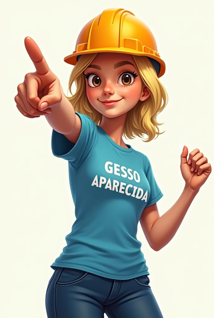 A blonde woman with shoulder length hair, brown-eyed, small, thin without chest and fluffy with a blue shirt that says "Gesso Aparecida" with a construction hat on her head opening her arms pointing something to the side